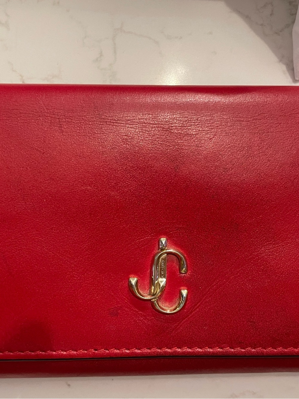 Jimmy Choo Red Leather Wallet with Gold JC Logo Accent